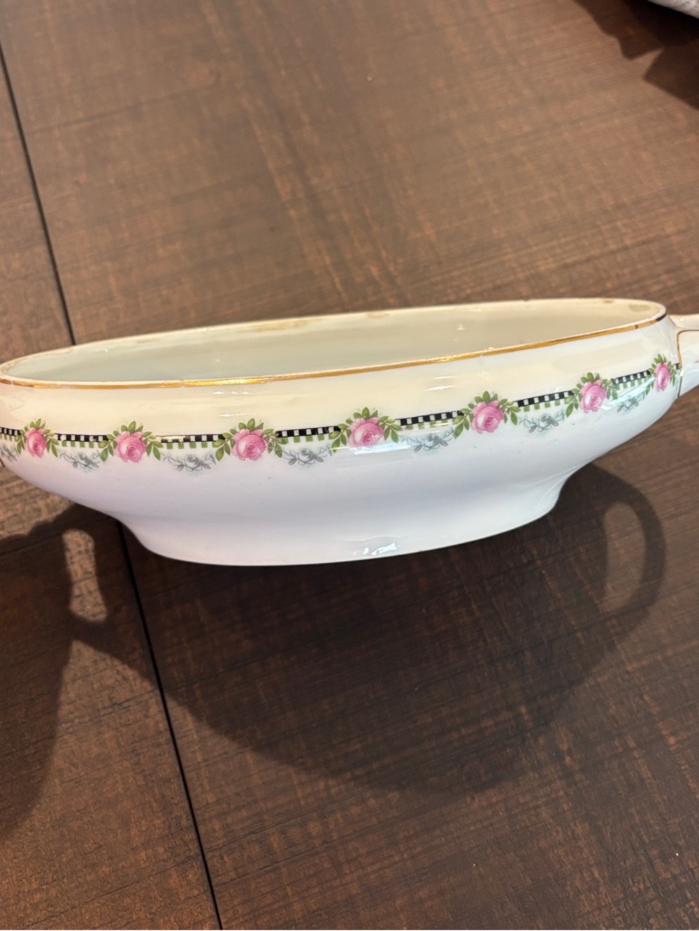 Vintage KPM Germany Porcelain Covered Serving Tureen - Pink Roses & Mini Checks